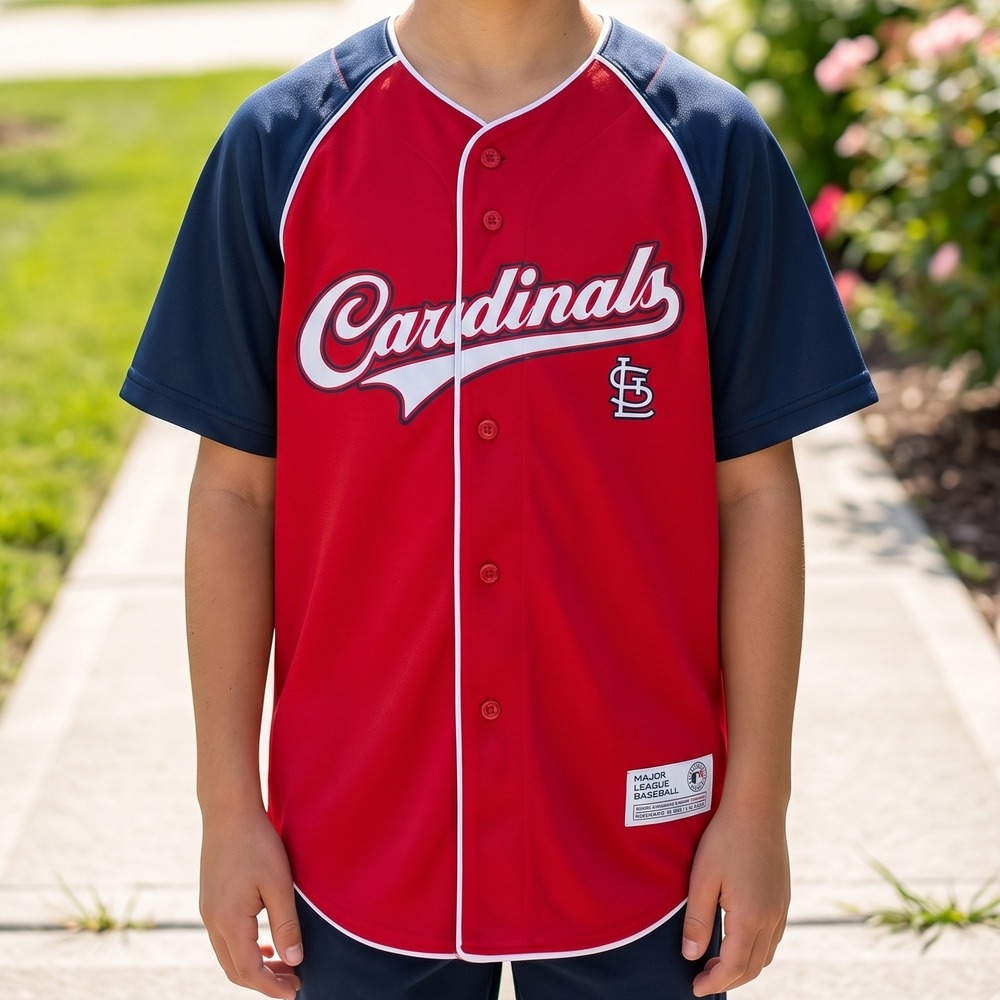 True Fan St. Louis Cardinals MLB Baseball Jersey Red Navy Blue Button Up STL